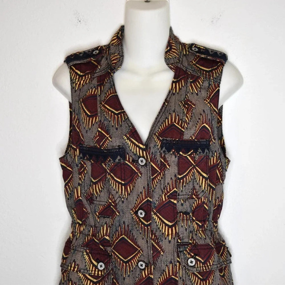 Anthropologie Elevenses Button Front Vest Sz XS Embroidered Aztec Safari Boho - Picture 2 of 16